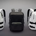 Multiple Black and White Backpacks Arranged in Row Display Showcase 3d model