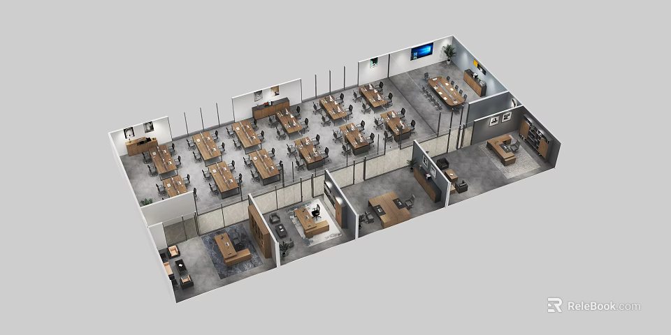 Aerial View Of Modern Office Space Layout With Multiple Desks Ergonomic Chairs Workstations And TV Screen 3d model 