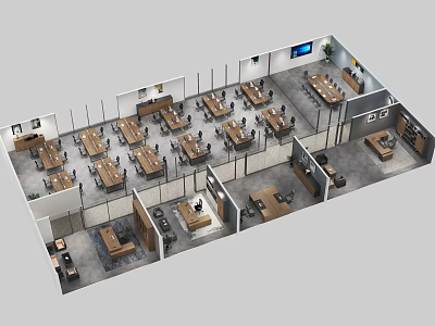 Aerial View Of Modern Office Space Layout With Multiple Desks Ergonomic Chairs Workstations And TV Screen 3d model