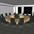 Modern Conference Room Interior With Round Table Black Chairs Indoor Plant And Large Windows