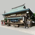 Cartoon Scene of Japanese Style Shop With Green Roof Wooden Structure Utility Poles and Trees