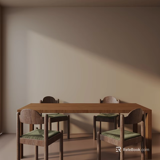 Simple Dining Table Set With Wooden Top Four Chairs And Green Cushions Beige Wall 3d model 