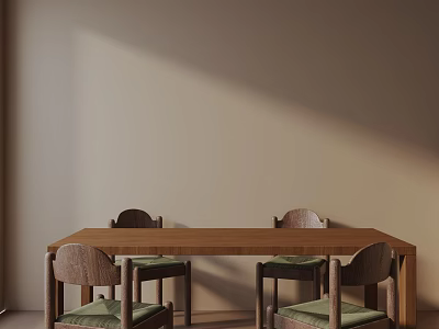 Simple Dining Table Set With Wooden Top Four Chairs And Green Cushions Beige Wall 3d model