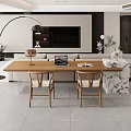 Modern Living Room Wooden Table With Chairs Laptop Magazines And Marble Plant Lamp