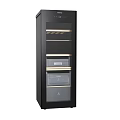 Modern Freestanding Black Wine Cooler with Glass Door Shelves and Interior Lighting