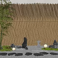 Natural Bamboo Weave Partition With Stones Lanterns And Moss In Zen Garden