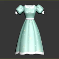 Elegant Teal Dress With Puffed Sleeves White Trim And Star Patterns
