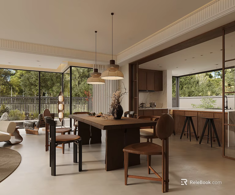 Modern Restaurant Interior With Wooden Dining Table Brown Chairs Hanging Pendant Lights And Greenery View 3d model 