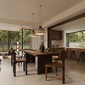 Modern Restaurant Interior With Wooden Dining Table Brown Chairs Hanging Pendant Lights And Greenery View
