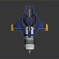 Blue And Yellow 3D Mechanical Model With Conical Front Silver Cylinder Black Sphere And Wing Like Structures
