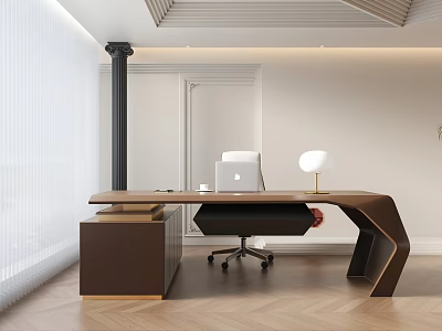 Modern Wooden Office Desk With Black Chair White Lamp And Herringbone Floor 3d model