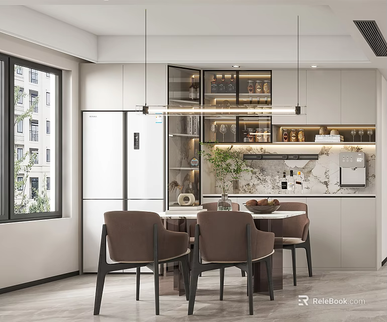 Modern Open Dining Room With Round Table Brown Chairs And Pendant Lights 3d model 