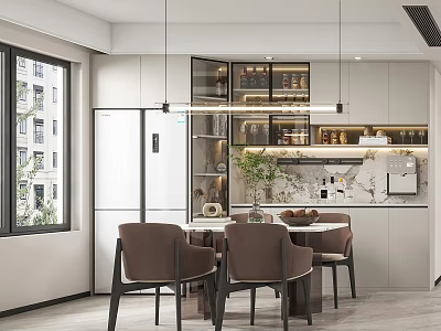 Modern Open Dining Room With Round Table Brown Chairs And Pendant Lights 3d model