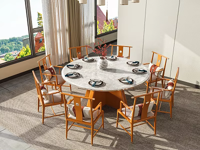 Round Marble Top Dining Set With Eight Wooden Chairs Floor to Ceiling Windows Green View 3d model