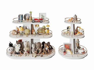 Cute Plush Dolls Displayed On Circular Three Tiered Shelves With Books And Ornaments 3d model