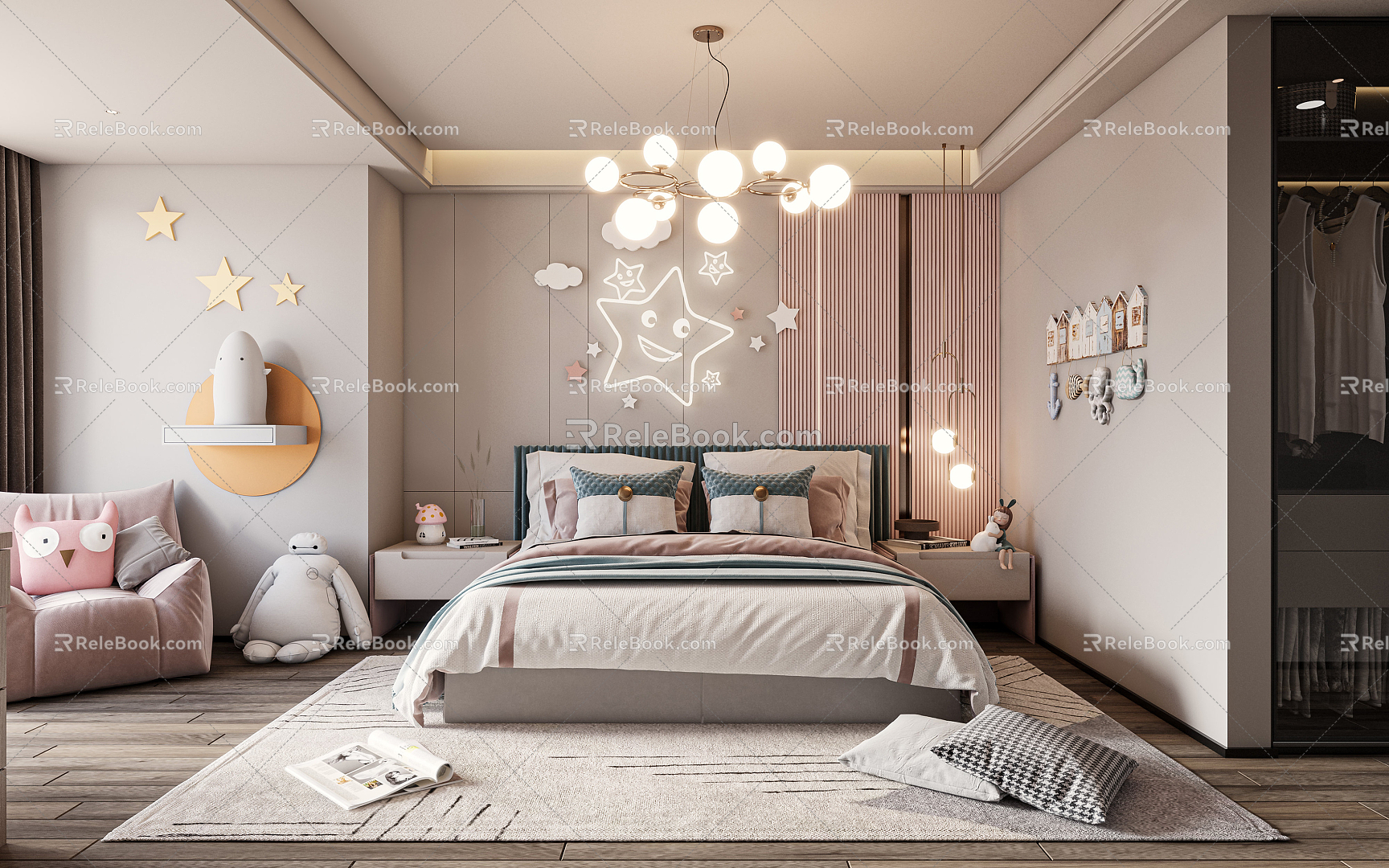 Modern Children's Room Bedroom Daughter Room Pink Leisure Chair Princess Room Children's Room White 3d model