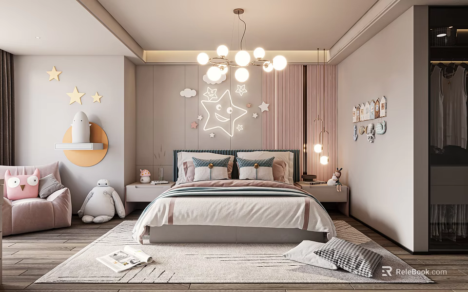 Cozy Kids Bedroom Design With Star Decor And Plush Toys 3d model 