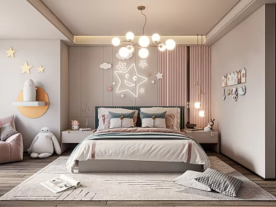 Cozy Kids Bedroom Design With Star Decor And Plush Toys 3d model