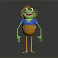 Cheerful Green Frog Game And Movie Character With Brown Hat Blue Shirt And Orange Overalls
