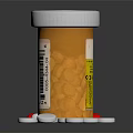 Yellow Pill Bottle With White Cap And Scattered White Pills Red And White Capsules