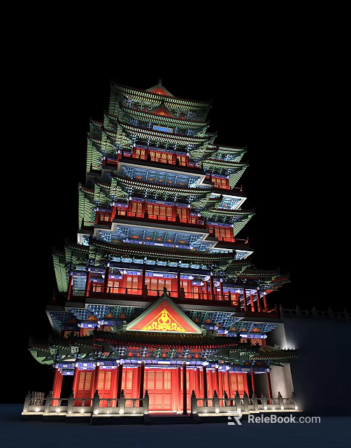 Ancient Chinese Tower with Night Lighting Multi Story Structure Ornate Roofs and Red Blue Decor 3d model 
