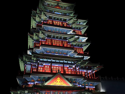 Ancient Chinese Tower with Night Lighting Multi Story Structure Ornate Roofs and Red Blue Decor 3d model