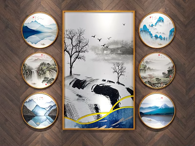Round Framed Paintings Featuring Mountain Water Ink Wash Style with Flying Birds and Trees 3d model