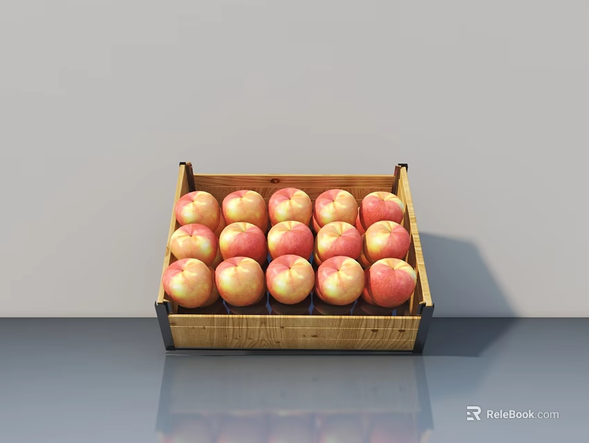 Wooden Display Shelf with Fresh Red Apples in Neat Retail Arrangement 3d model 