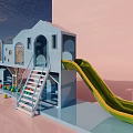 Adorable Blue Playground Equipment With Stairs Slide And Colorful Ball Pit