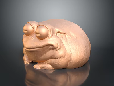 Golden Rounded Frog Sculpture Featuring Large Eyes Smooth Surface And Reflective Base 3d model