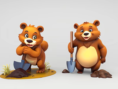 Cute Cartoon Bears Digging Soil With Shovels And Green Grass Around 3d model