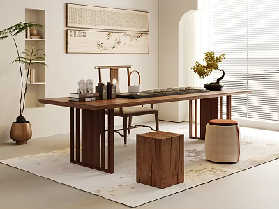 Wooden Tea Table and Chairs with Tea Sets Stools Decorative Paintings and Potted Plant 3d model