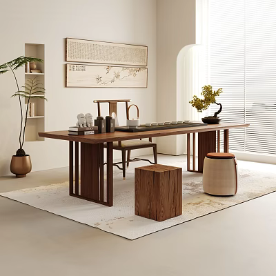 Wooden Tea Table and Chairs with Tea Sets Stools Decorative Paintings and Potted Plant 3d model