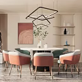 Modern Restaurant Interior With Round Dining Table Pink White Chairs Geometric Pendant Lights Decorative Painting