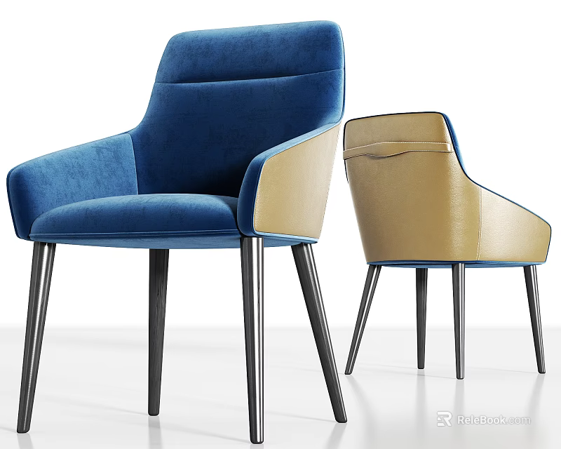 Modern Accent Chair With Blue And Beige Velvet Upholstery Armrests And Black Metal Legs 3d model 