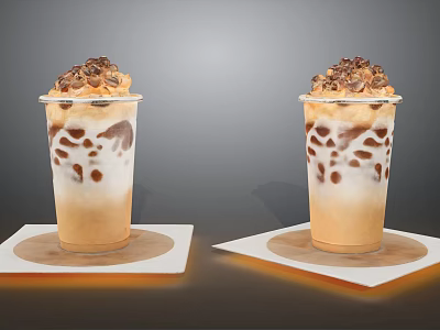 Refreshing Iced Coffee Beverage With Layered Milk Ice Cubes And Chocolate Topping In Clear Cup On Coaster 3d model