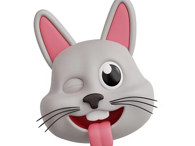 Cute Gray Cartoon Rabbit Head with Pink Ears Winking Eye and Sticking Tongue 3d model