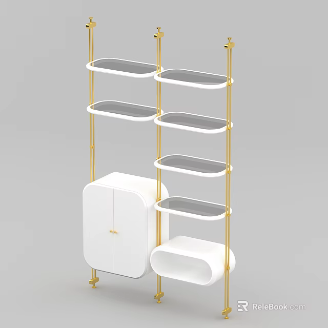 Modern Display Shelving Unit with Golden Frame Gray Shelves and White Cabinet 3d model 