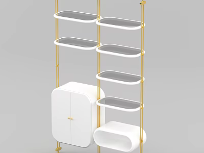 Modern Display Shelving Unit with Golden Frame Gray Shelves and White Cabinet 3d model