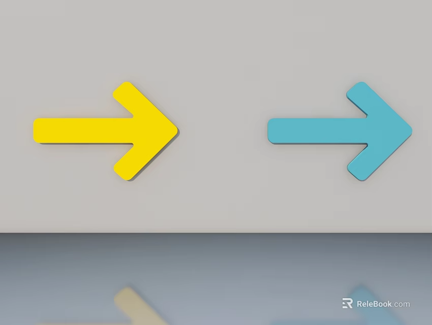 Swing Door With Yellow And Blue Arrows Pointing Left Right On Gray Background With Reflection 3d model 