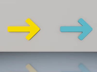 Swing Door With Yellow And Blue Arrows Pointing Left Right On Gray Background With Reflection 3d model