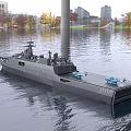 Modern Warship Floating on Water With Glass Buildings and Trees Background Displaying Number 888