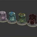 Four Colorful Robot Character Models With Diverse Designs On Circular Bases