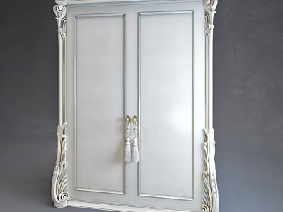 Ornate Classic Wardrobe With Double Doors Light Colored Finish Carved Frame And Metal Tassel Handles 3d model