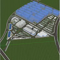 Aerial View Planning of Industrial Complex With Large Blue Buildings Road Network and Green Surroundings