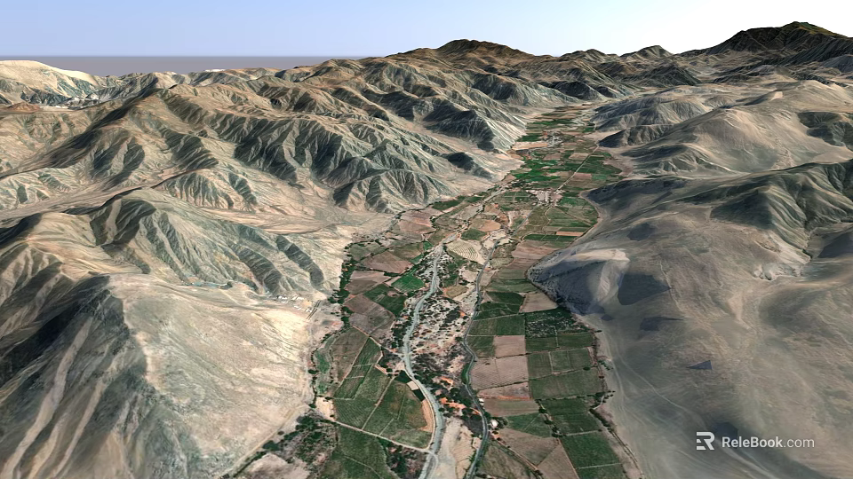 Aerial View of Green Valley Farmland Garden Landscape with Mountain Surroundings and Road 3d model 