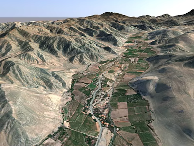Aerial View of Green Valley Farmland Garden Landscape with Mountain Surroundings and Road 3d model