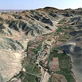 Aerial View of Green Valley Farmland Garden Landscape with Mountain Surroundings and Road