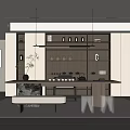 Modern Tea Room Interior With Wooden Table Tea Sets Shelves Hanging Lights And Plants