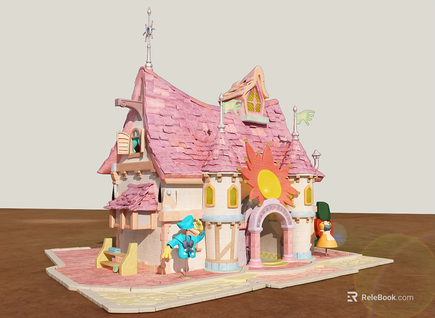 Cartoon Fairy House With Pink Roof Sun Decoration And Blue Yellow Characters 3d model 